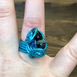 Teal and black wire ring with beads boutique item